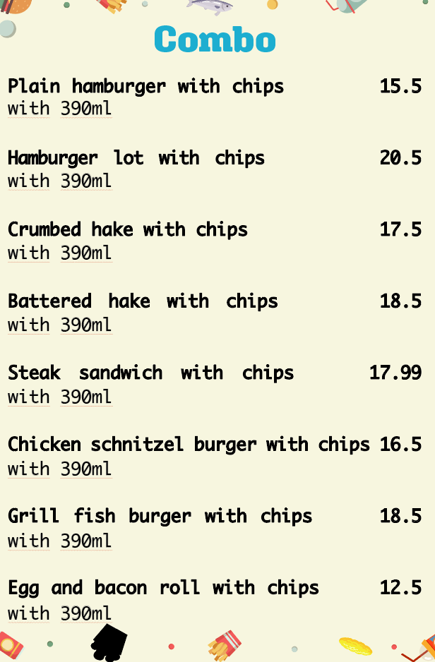 Menu, Calwell Take Away