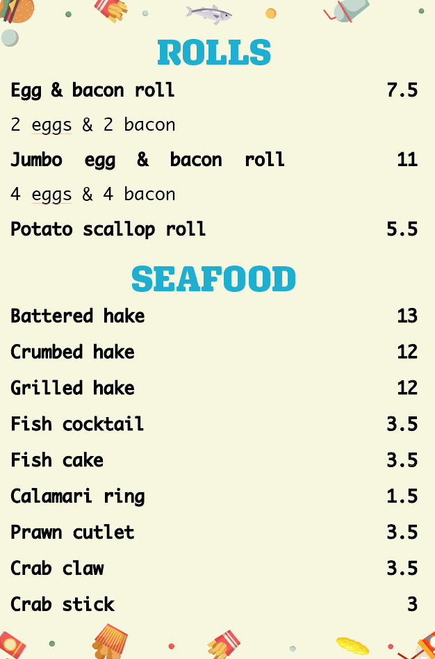 Menu, Calwell Take Away