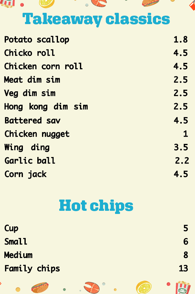 Menu, Calwell Take Away