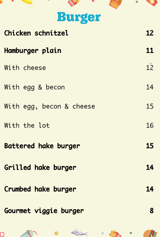 Menu, Calwell Take Away