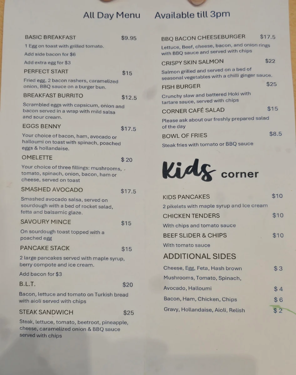 Menu, Corner Cafe Pimpama City