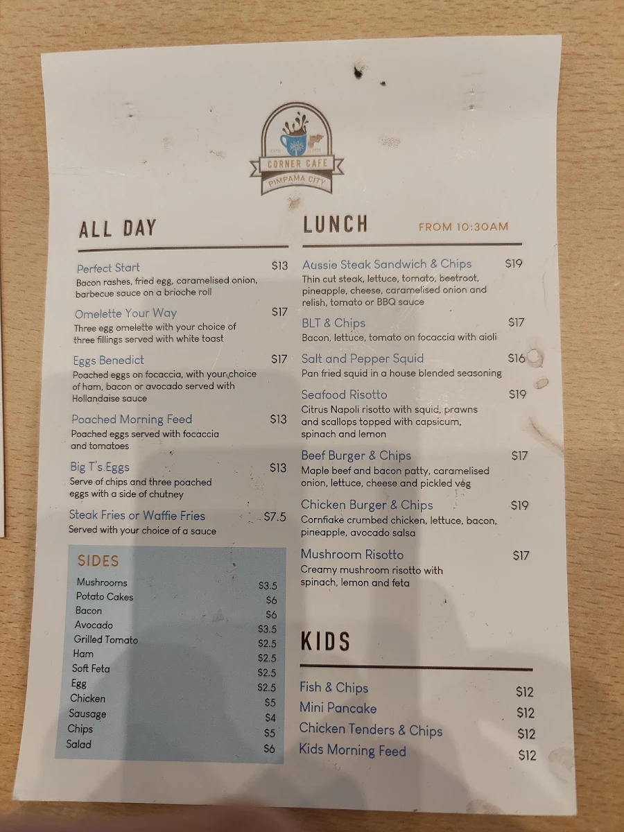 Menu, Corner Cafe Pimpama City