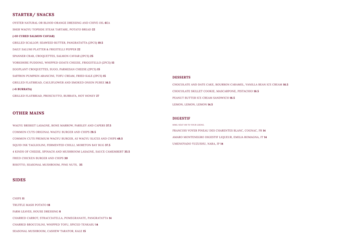 Menu, Common Cuts | Dining and Bar