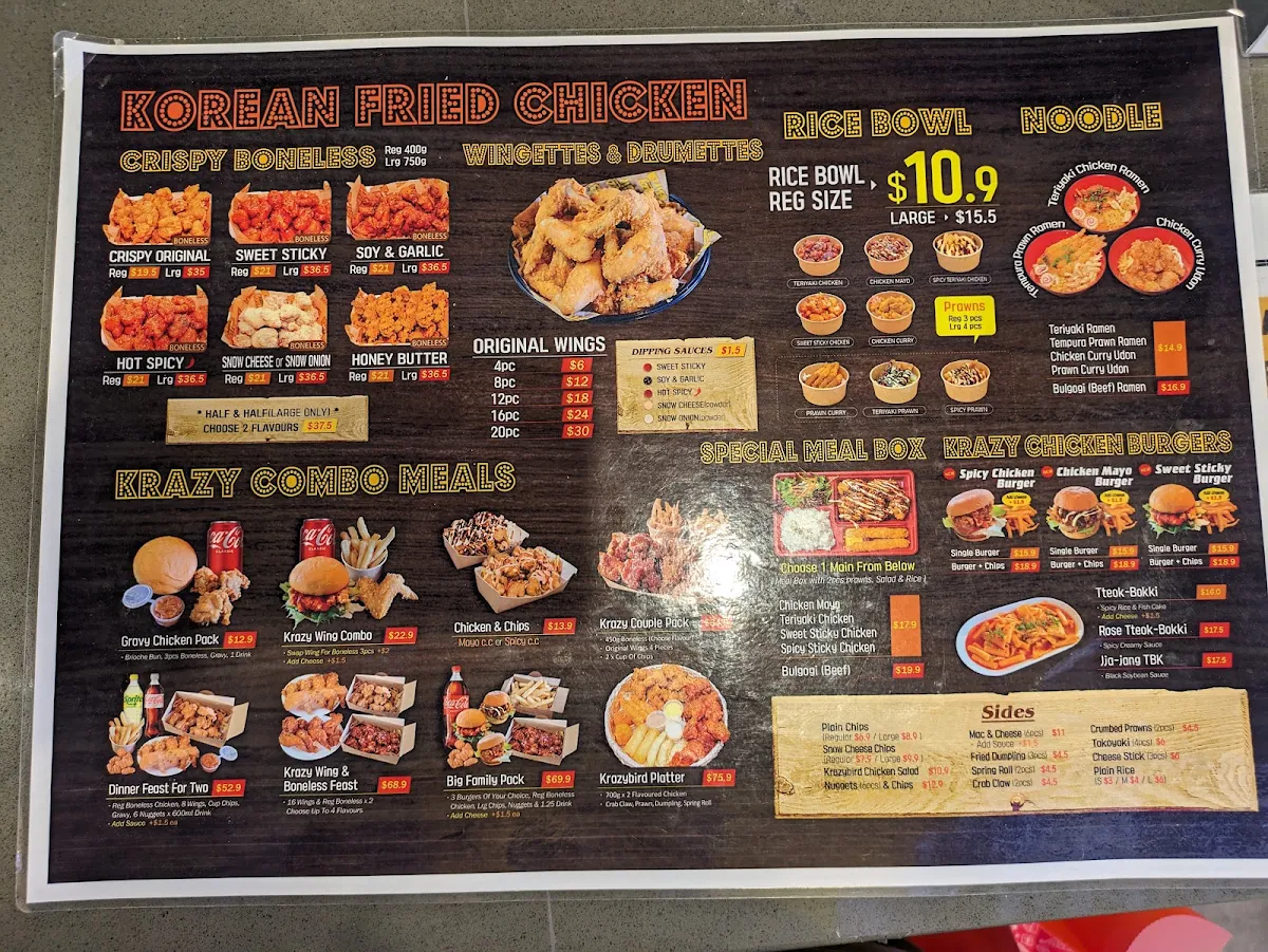 Menu, Krazy Bird World Square