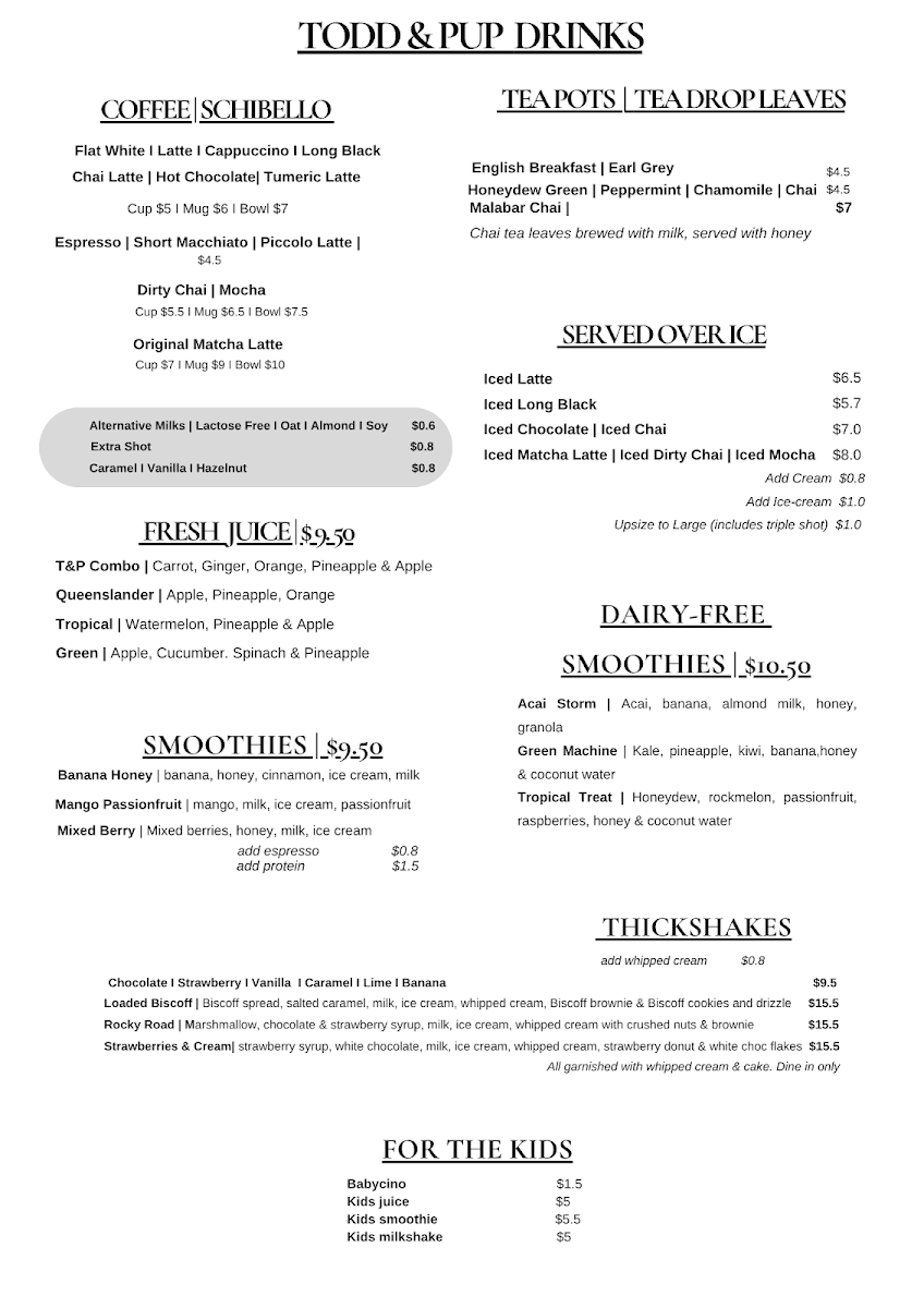 Menu, Todd & Pup