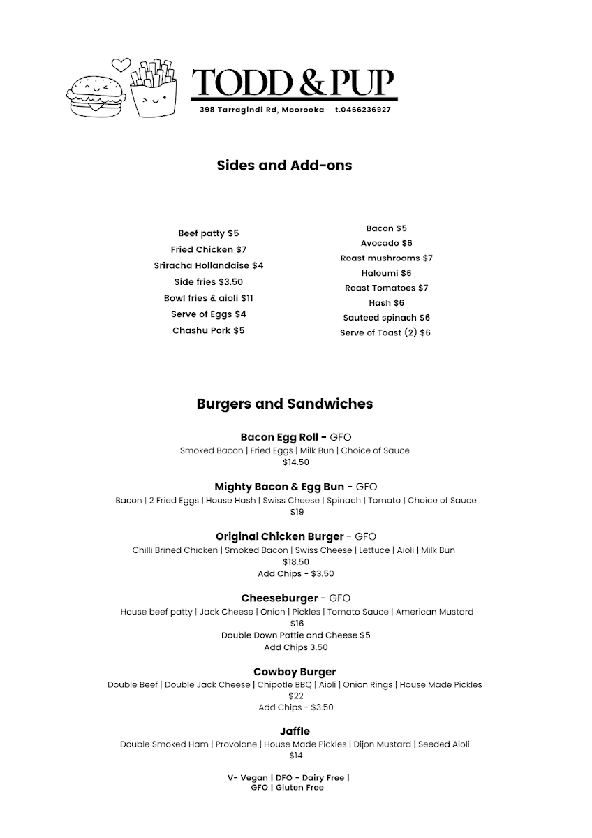 Menu, Todd & Pup