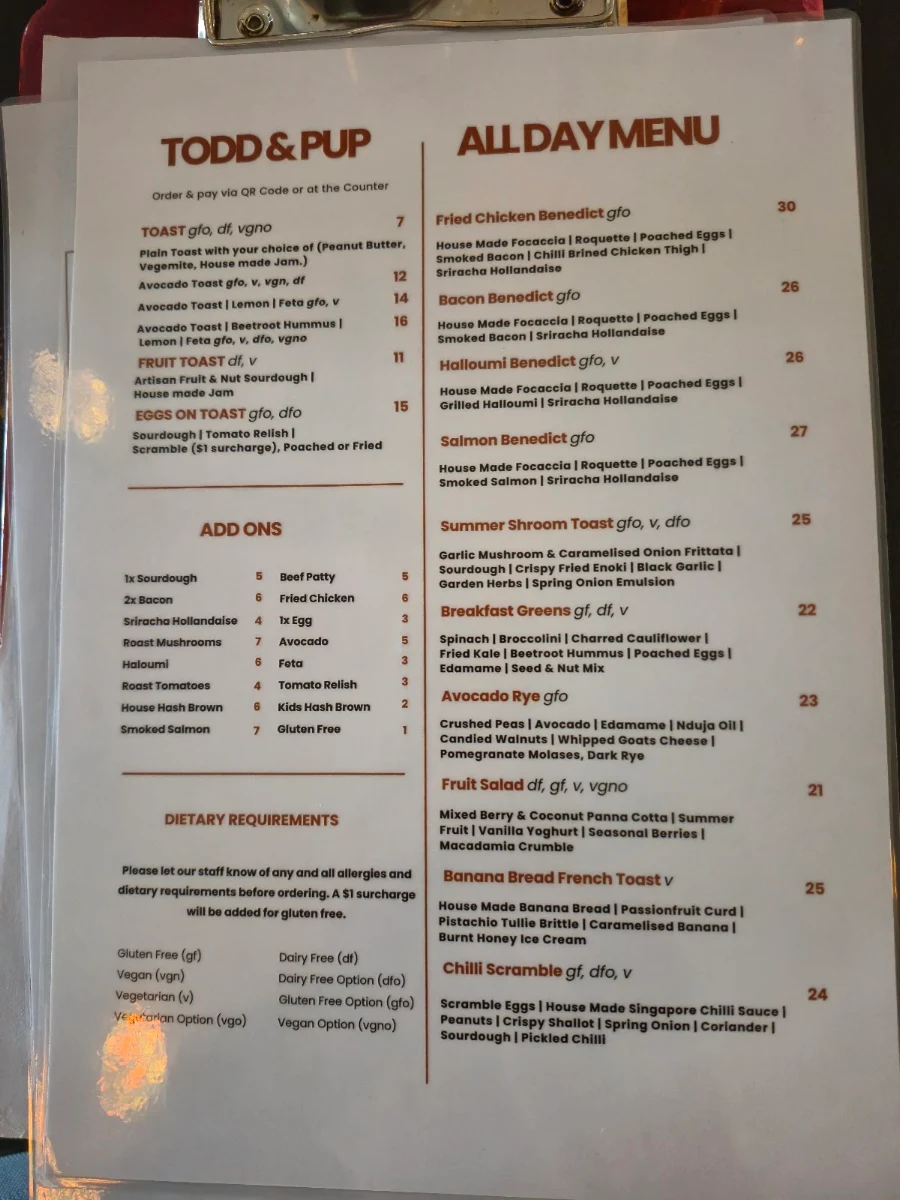Menu, Todd & Pup