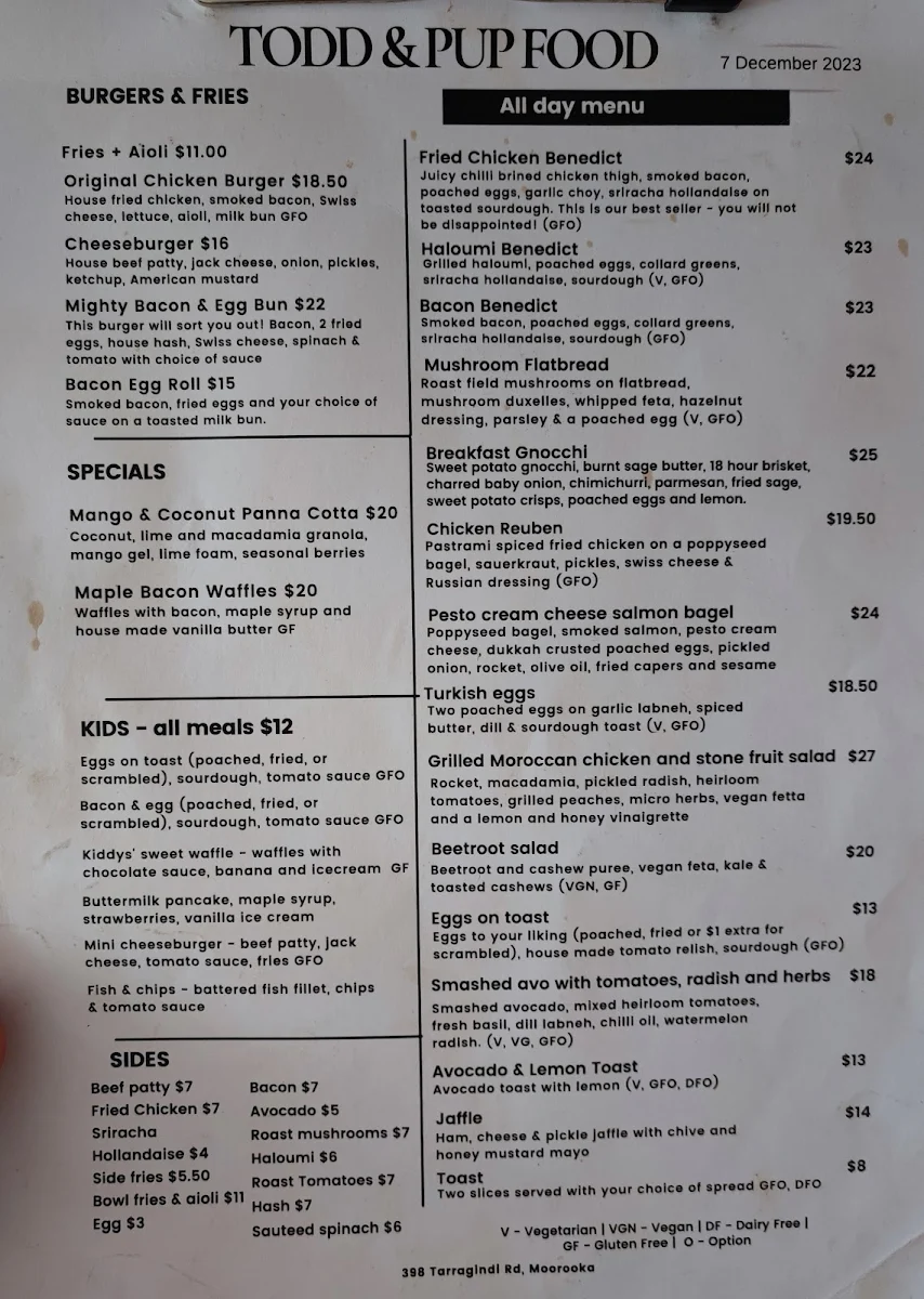 Menu, Todd & Pup
