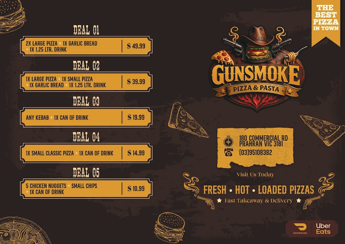 Menu, Gunsmoke Pizza & Pasta