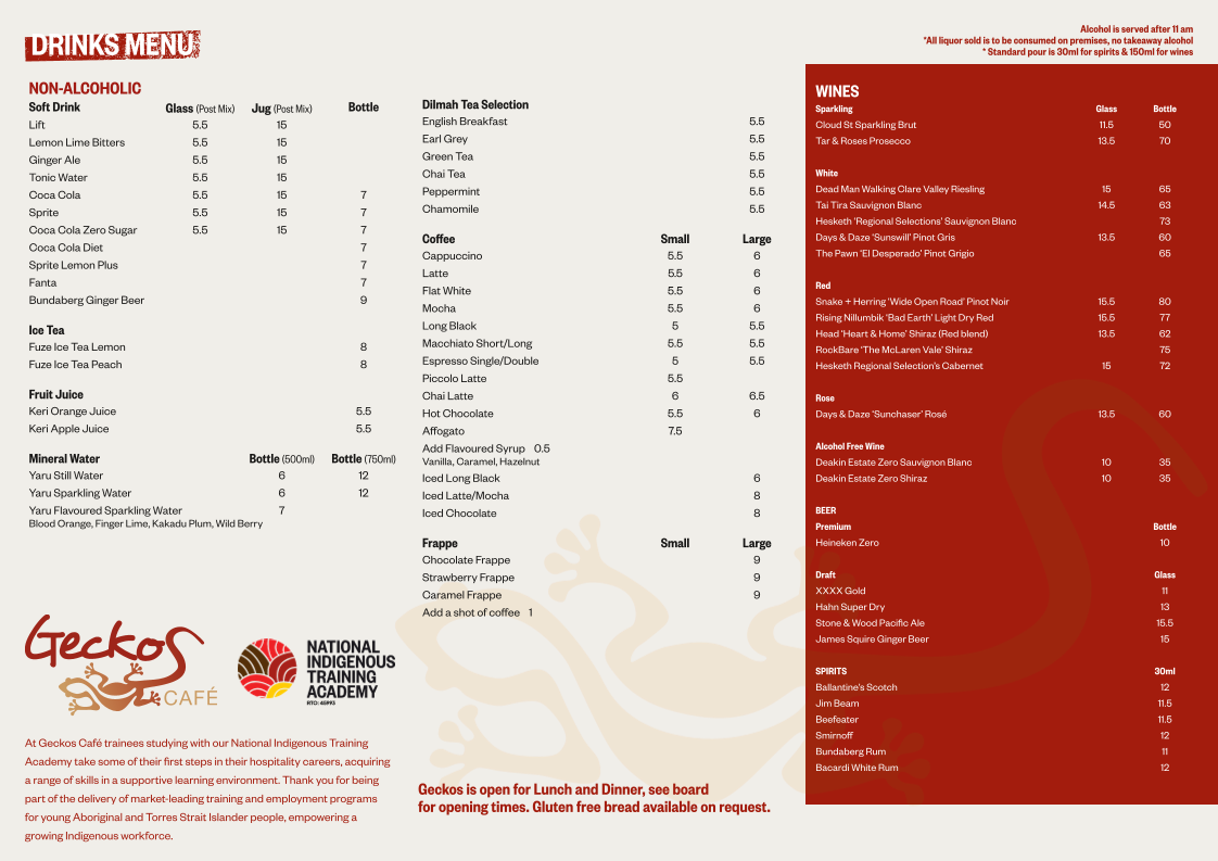 Menu, Geckos Cafe