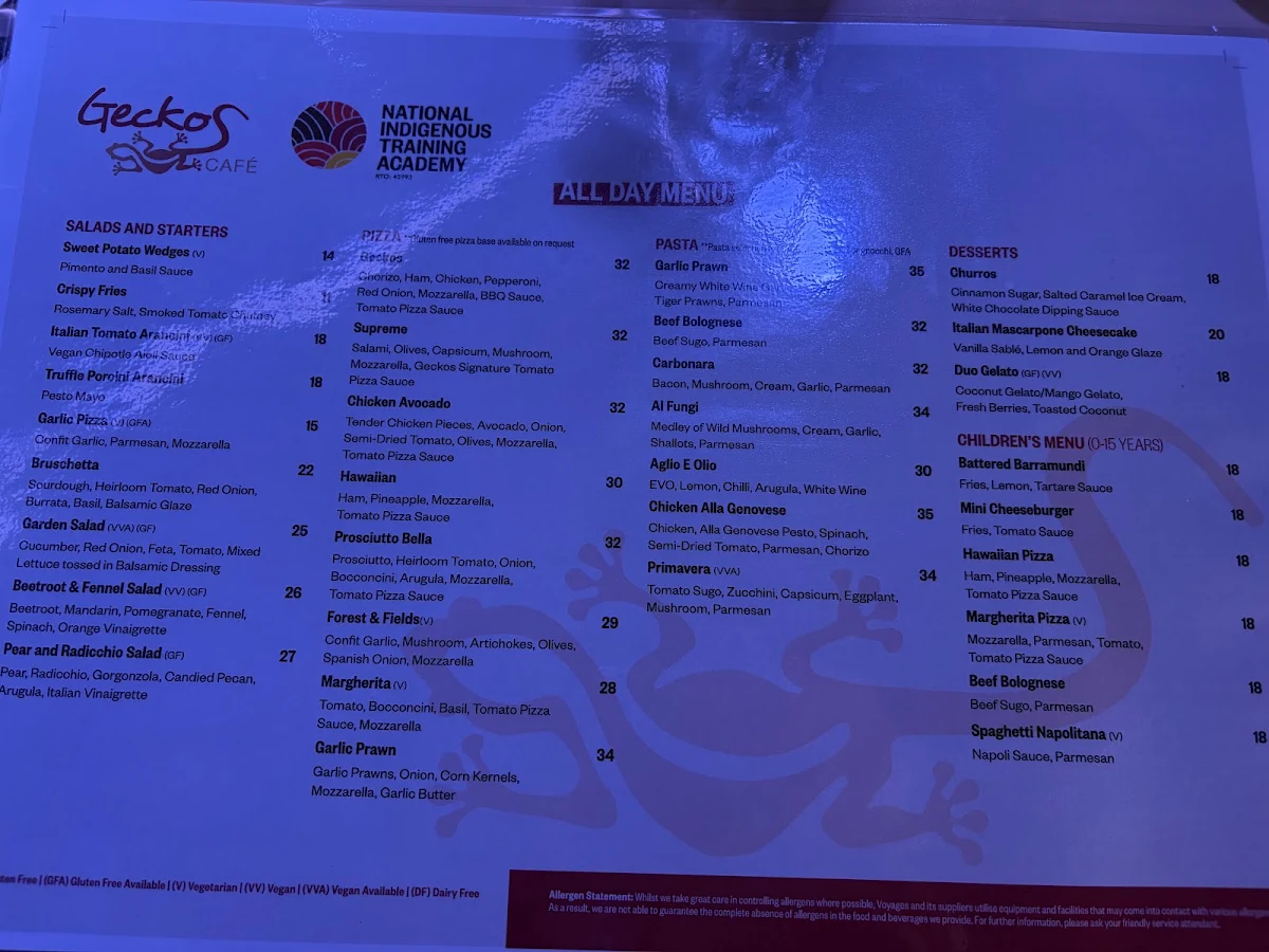 Menu, Geckos Cafe
