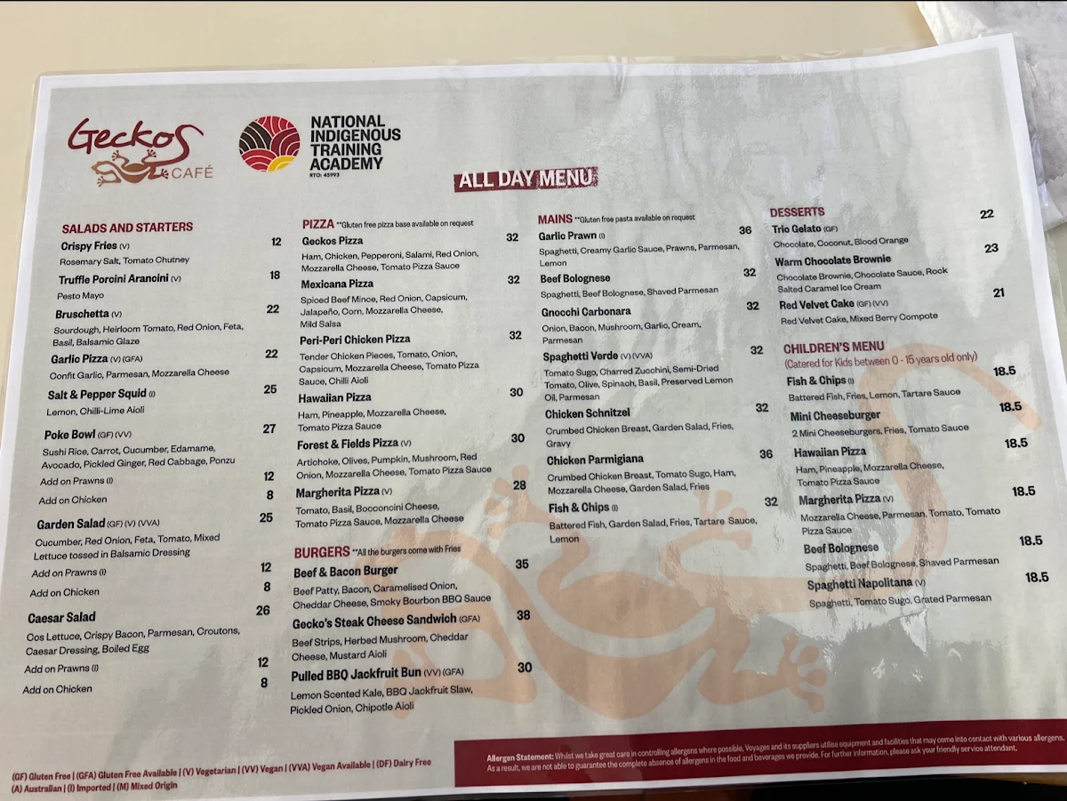 Menu, Geckos Cafe