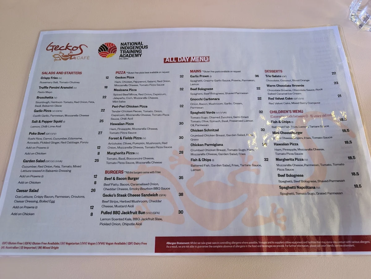 Menu, Geckos Cafe