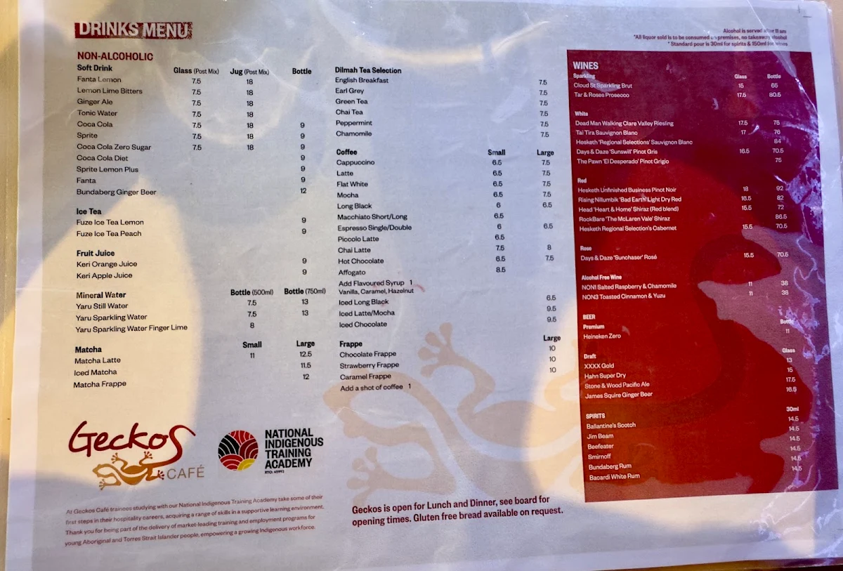 Menu, Geckos Cafe