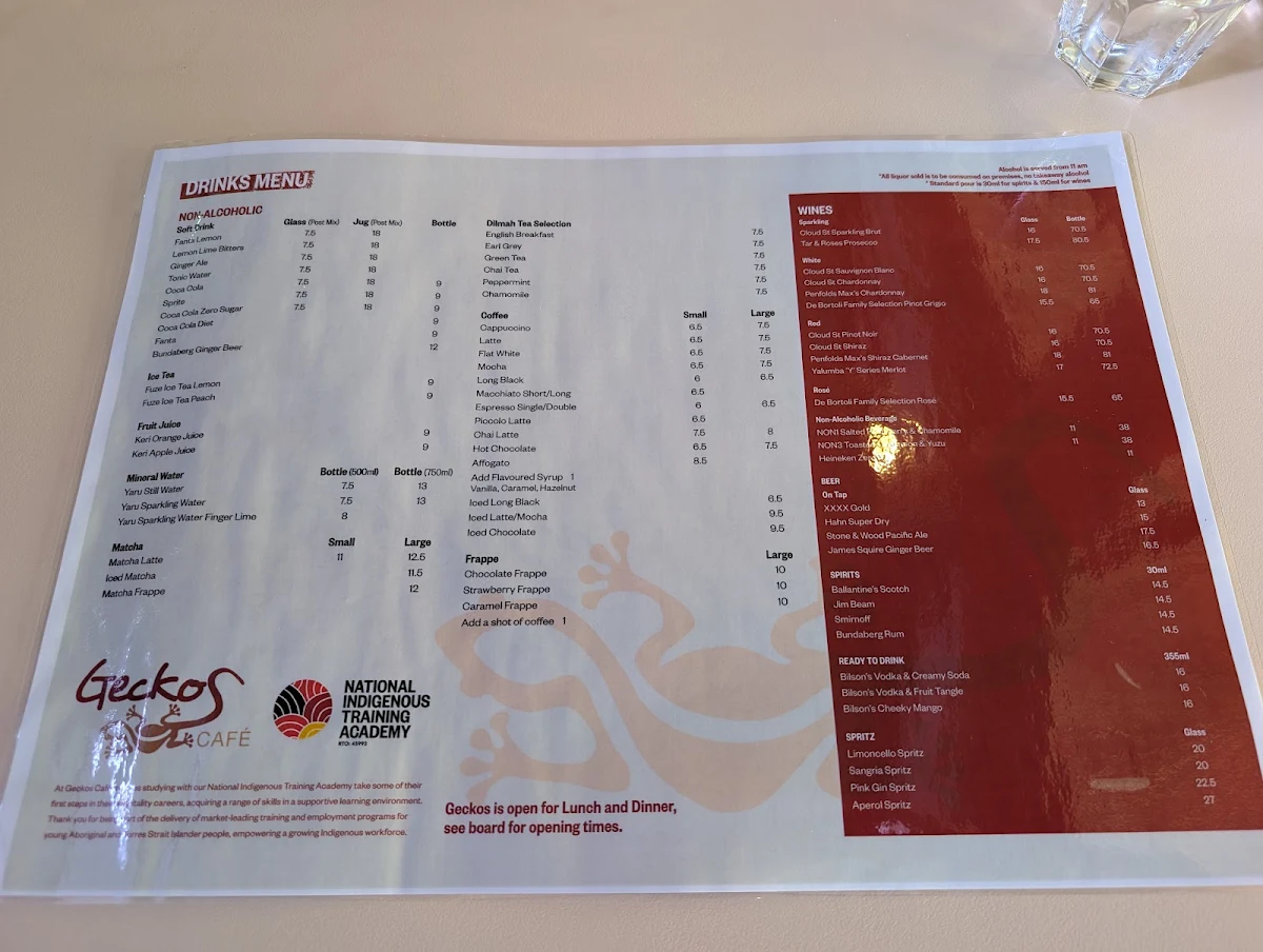 Menu, Geckos Cafe