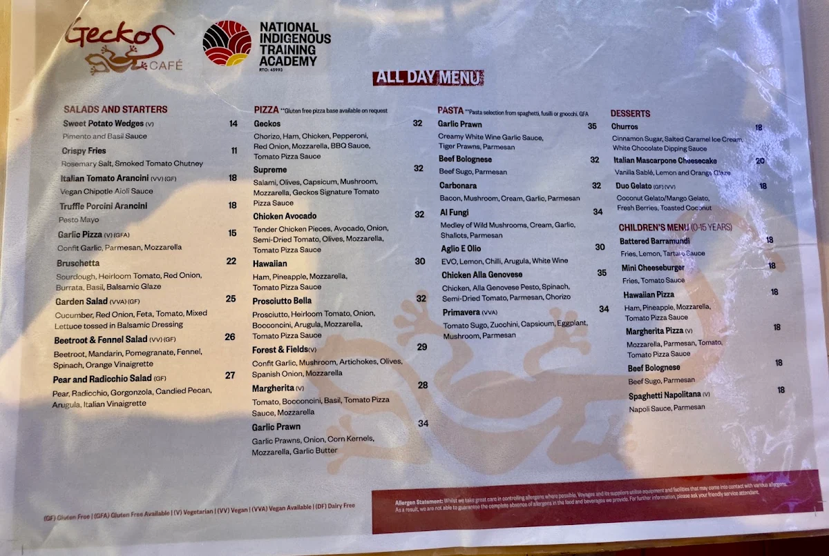 Menu, Geckos Cafe
