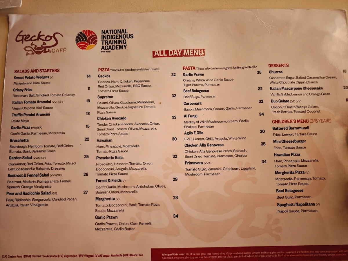 Menu, Geckos Cafe
