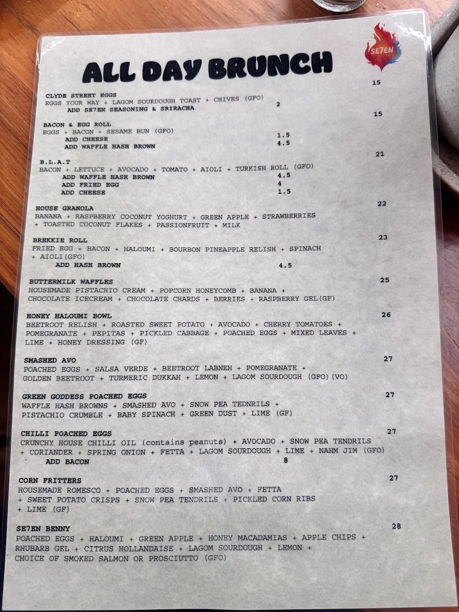 Menu, Se7en Cafe by the Sea