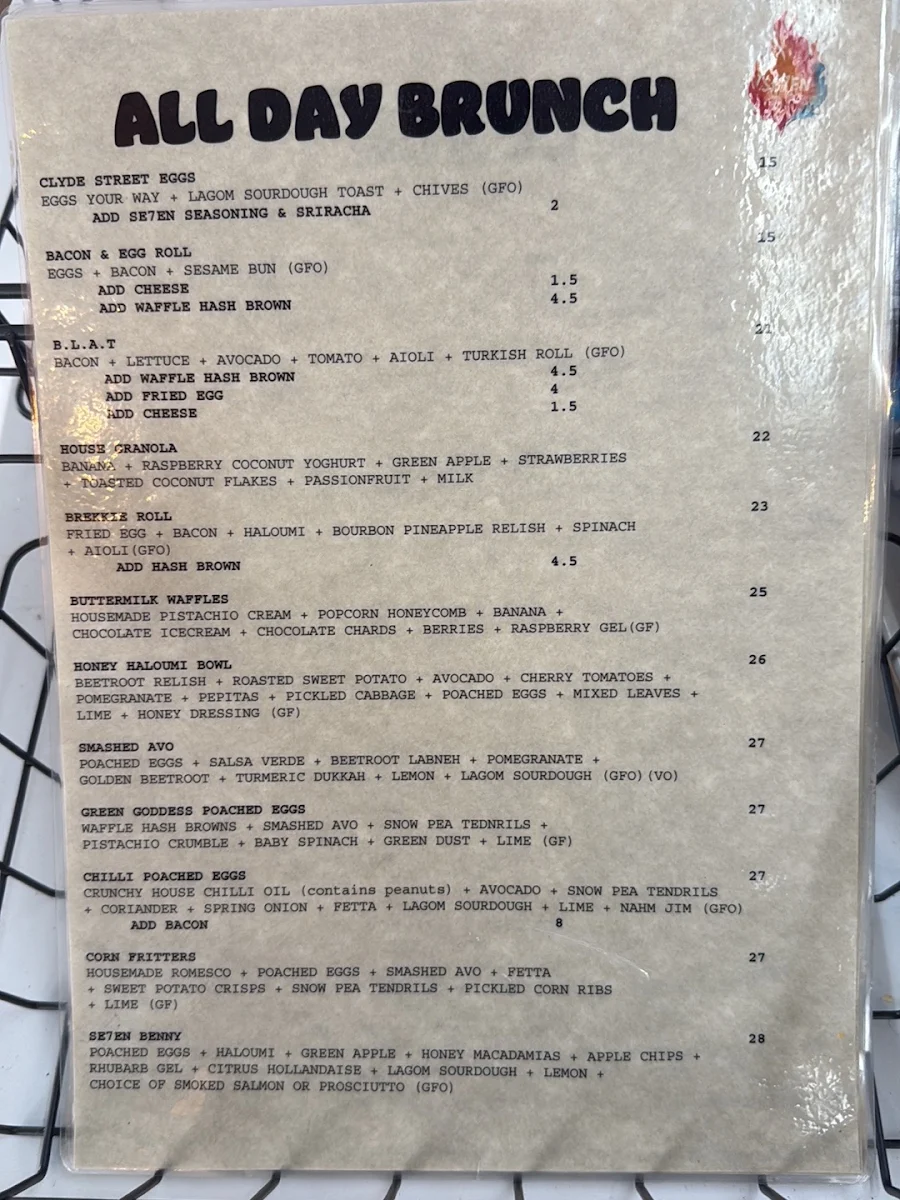 Menu, Se7en Cafe by the Sea