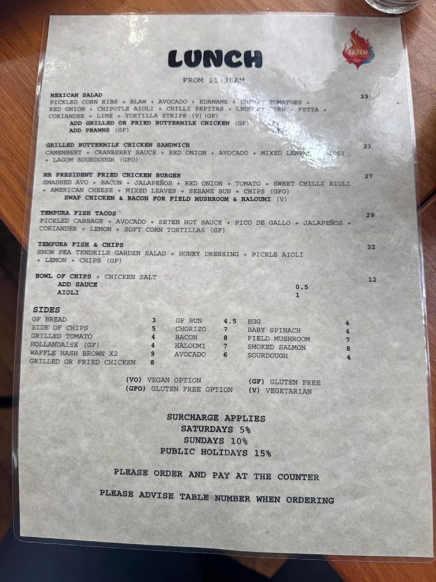 Menu, Se7en Cafe by the Sea