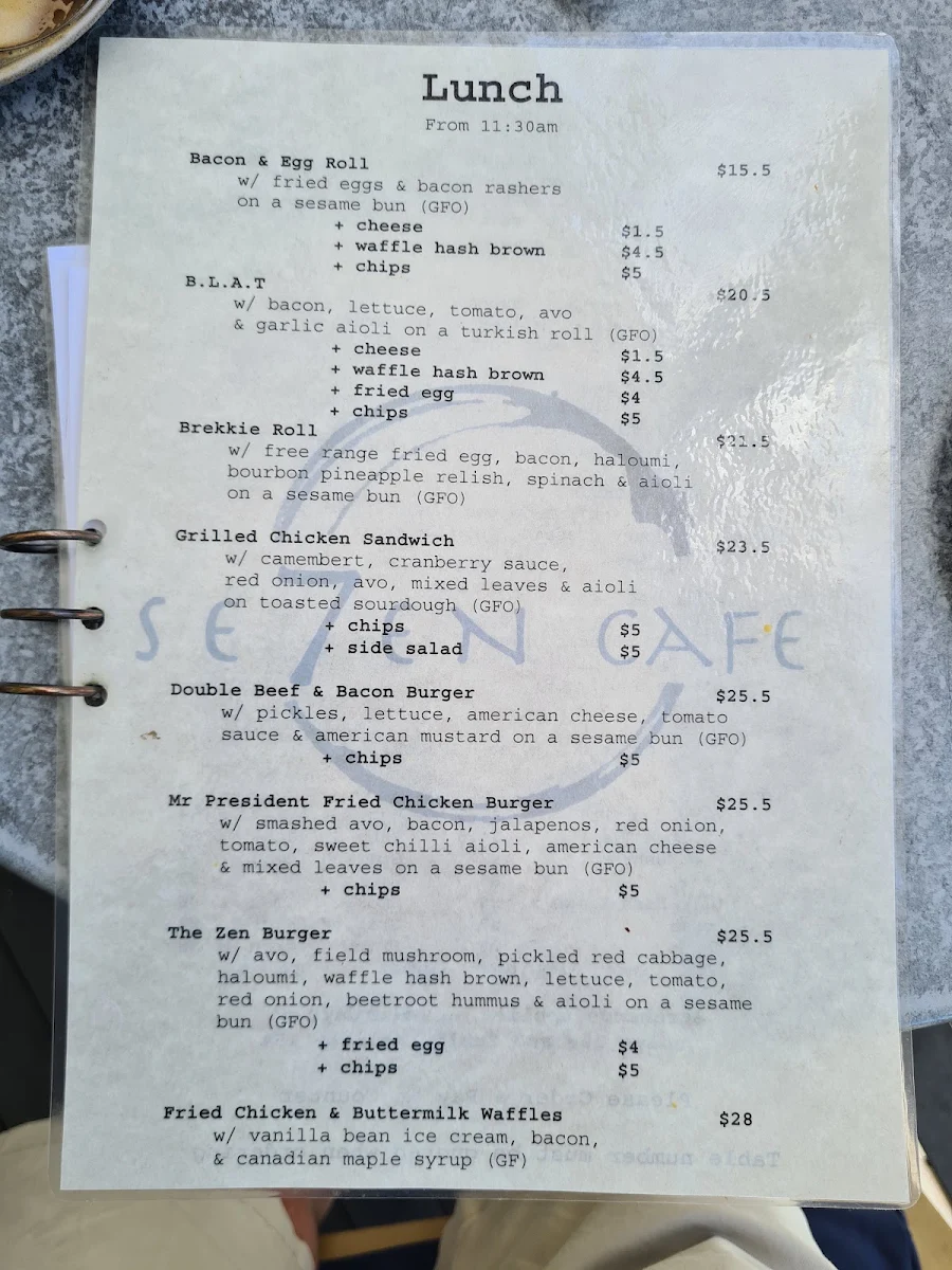 Menu, Se7en Cafe by the Sea
