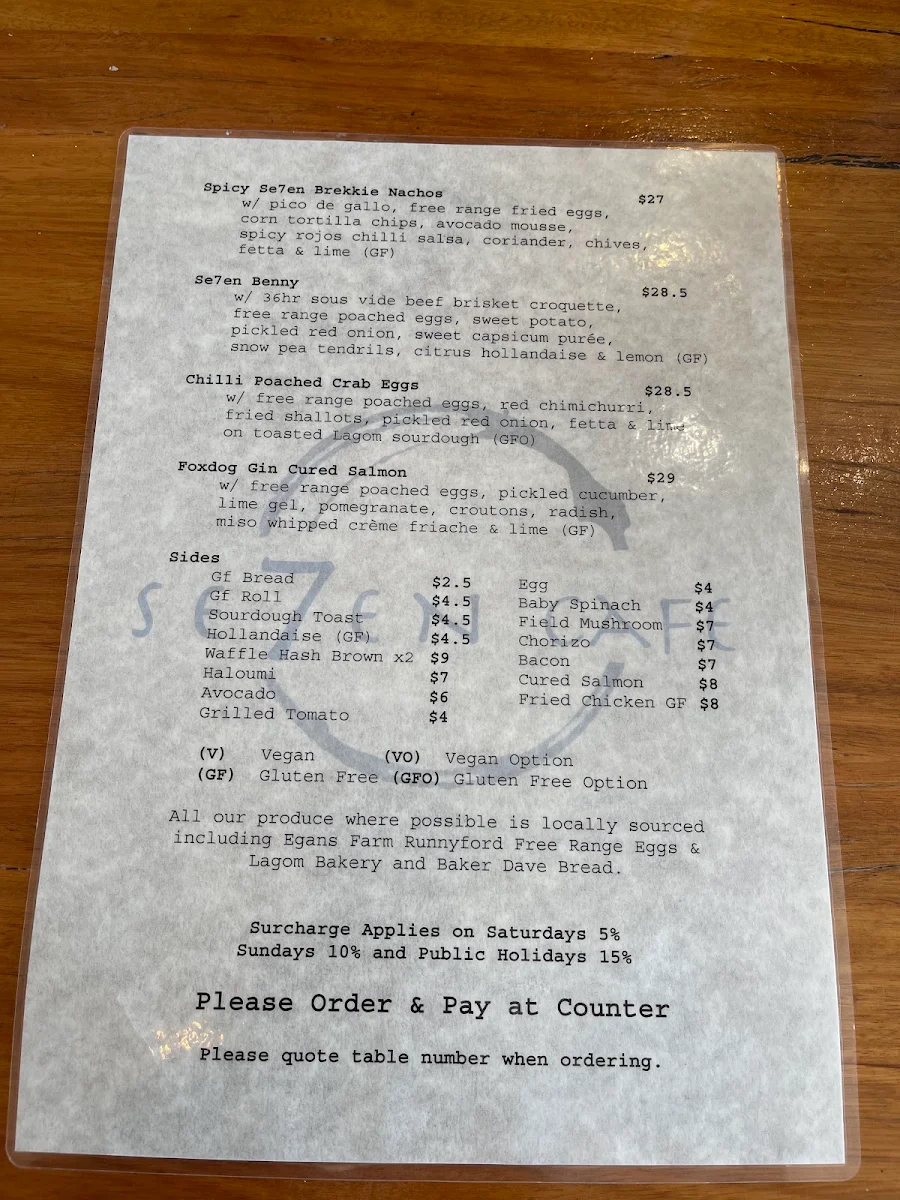 Menu, Se7en Cafe by the Sea