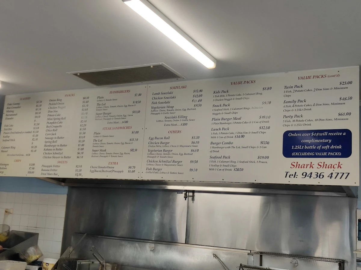 Menu, Shark Shack Fish & Chips