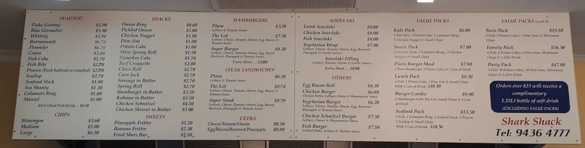 Menu, Shark Shack Fish & Chips