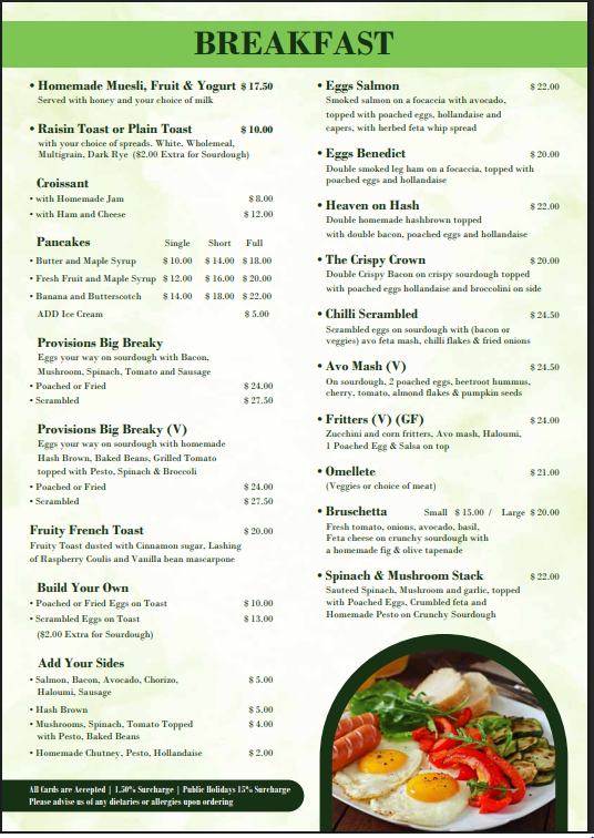 Menu, Provisions Cafe