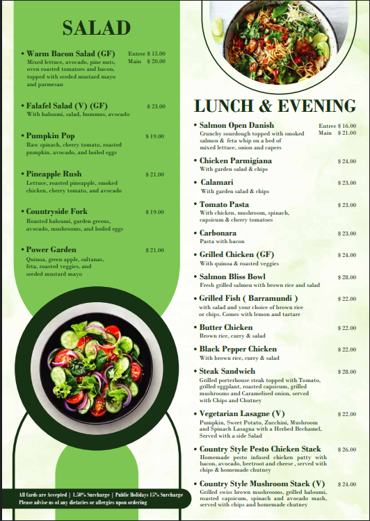 Menu, Provisions Cafe