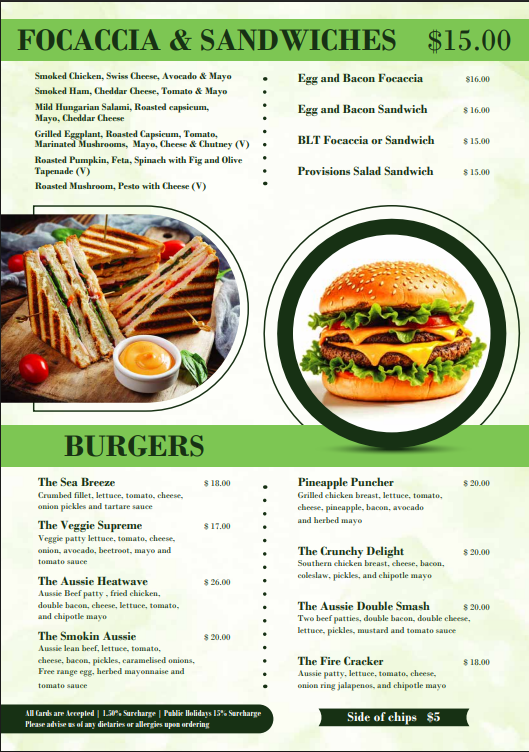 Menu, Provisions Cafe