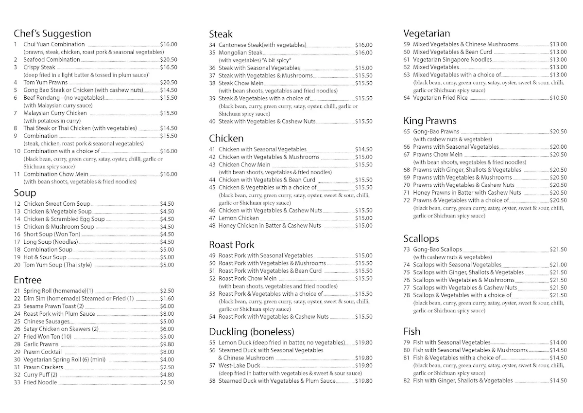 Menu, Chui Yuan