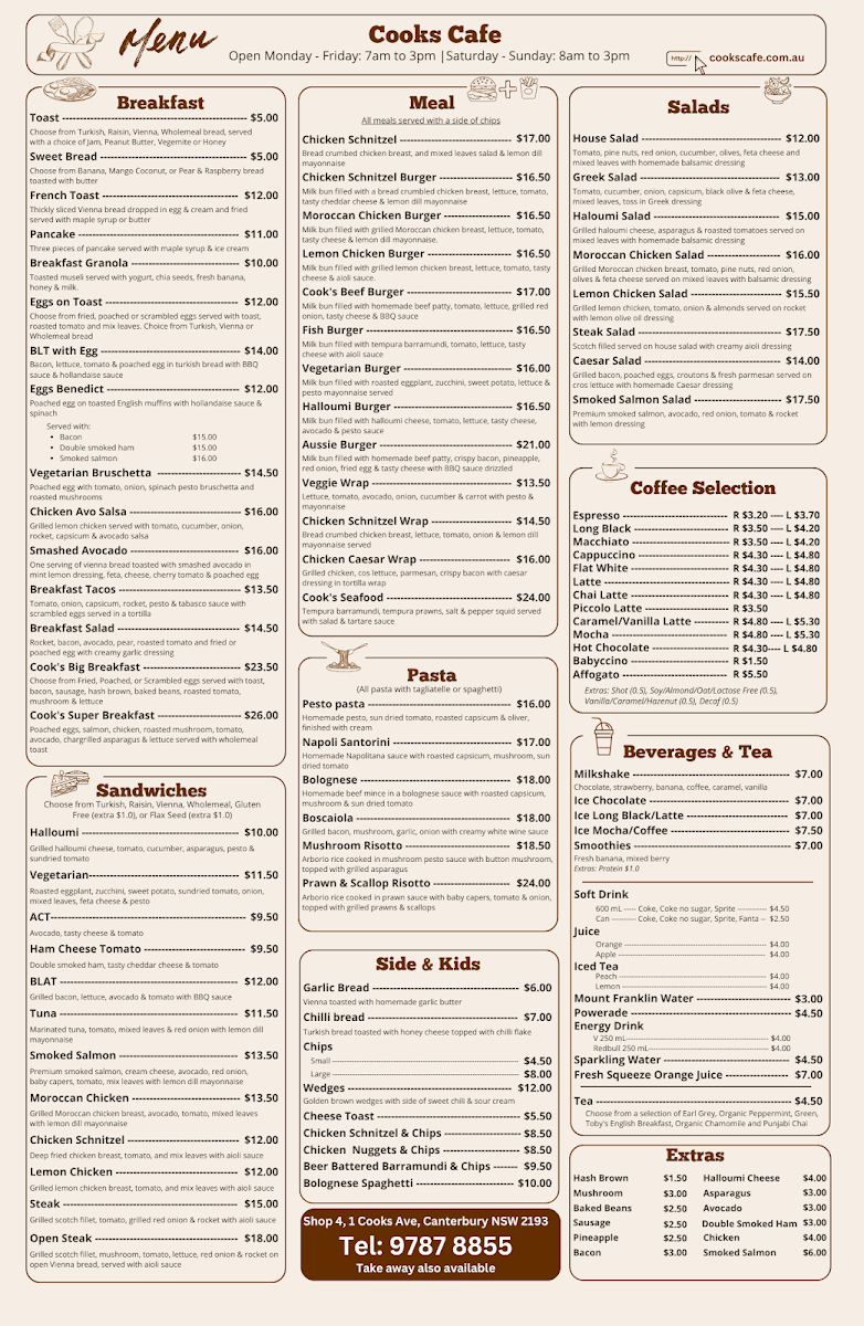 Menu, Cooks Cafe