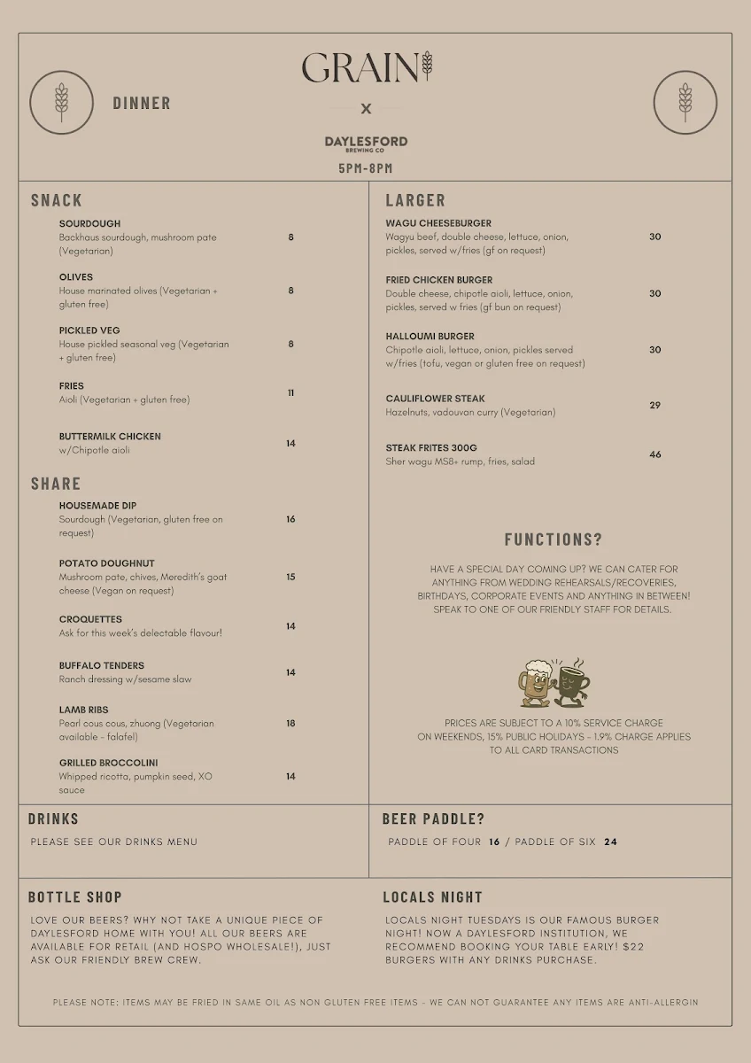 Menu, GRAIN x Daylesford Brewing co