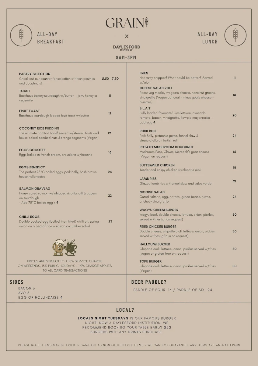 Menu, GRAIN x Daylesford Brewing co