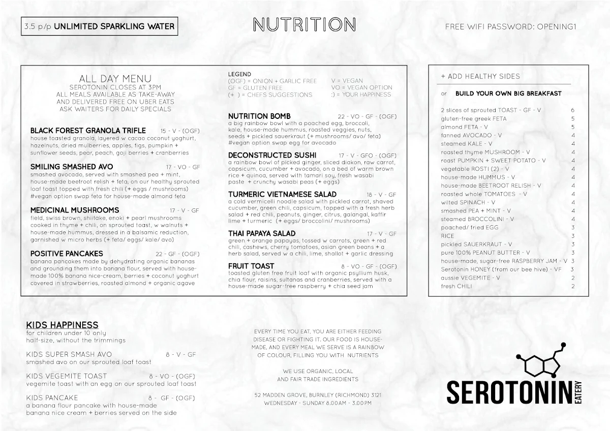Menu, Serotonin Eatery