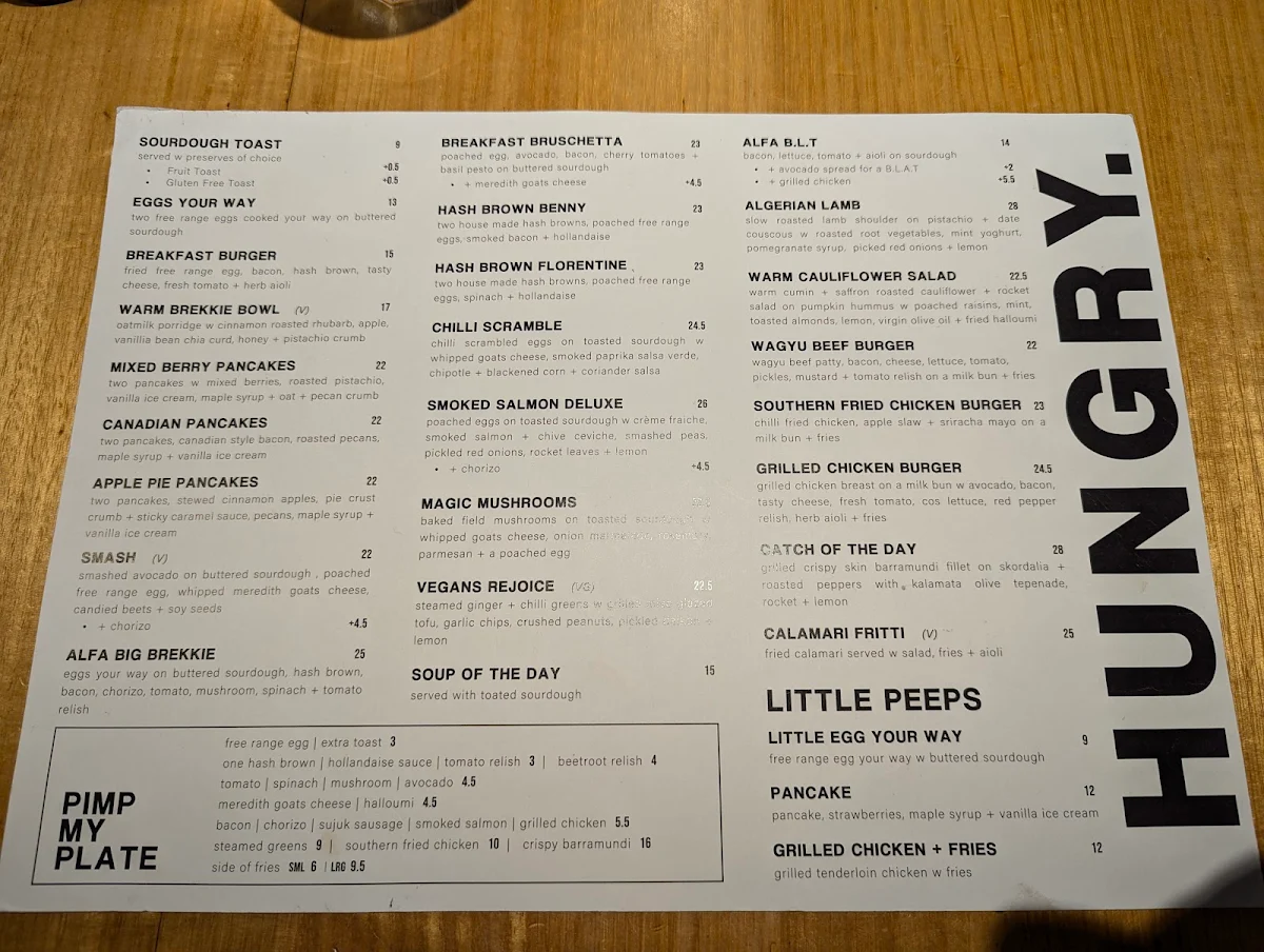 Menu, Alfa. Seddon