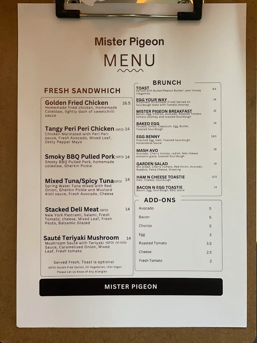 Menu, Mister Pigeon