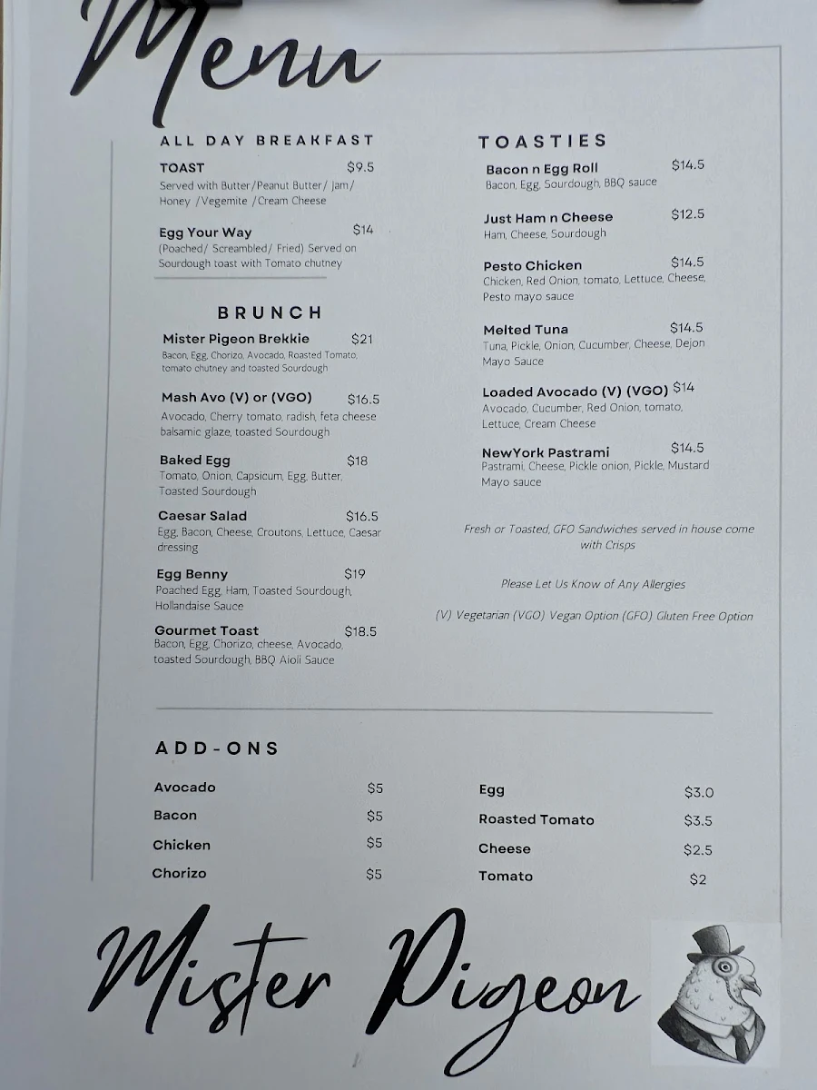 Menu, Mister Pigeon