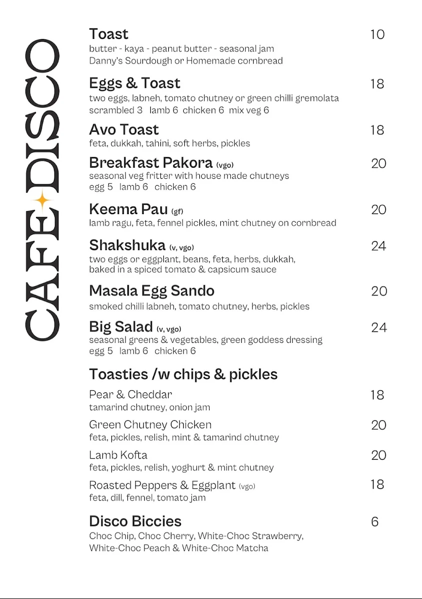 Menu, Cafe Disco
