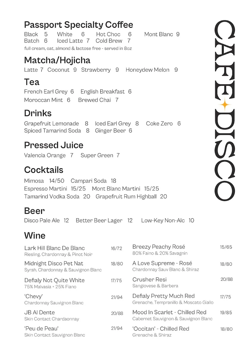 Menu, Cafe Disco