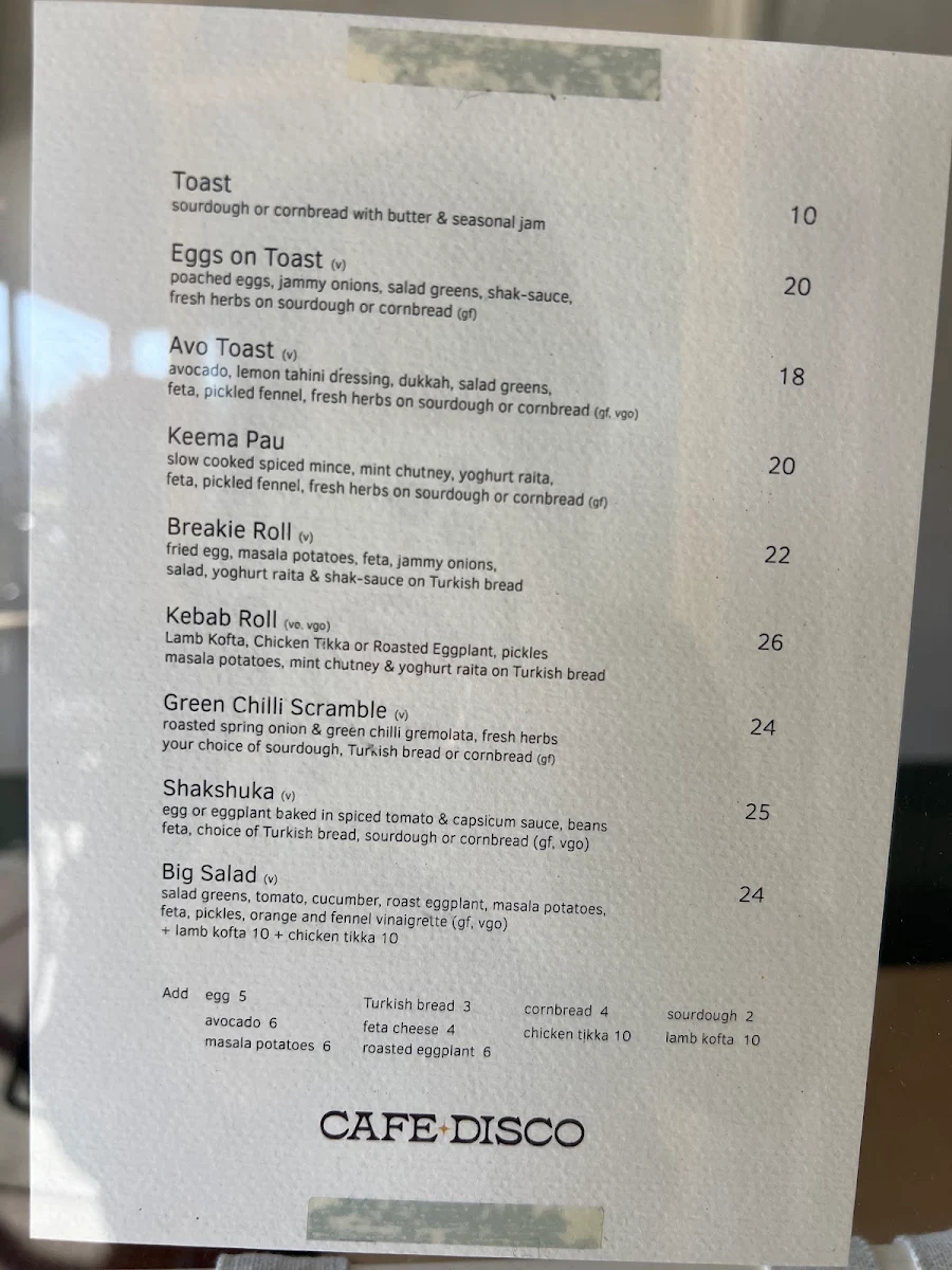 Menu, Cafe Disco
