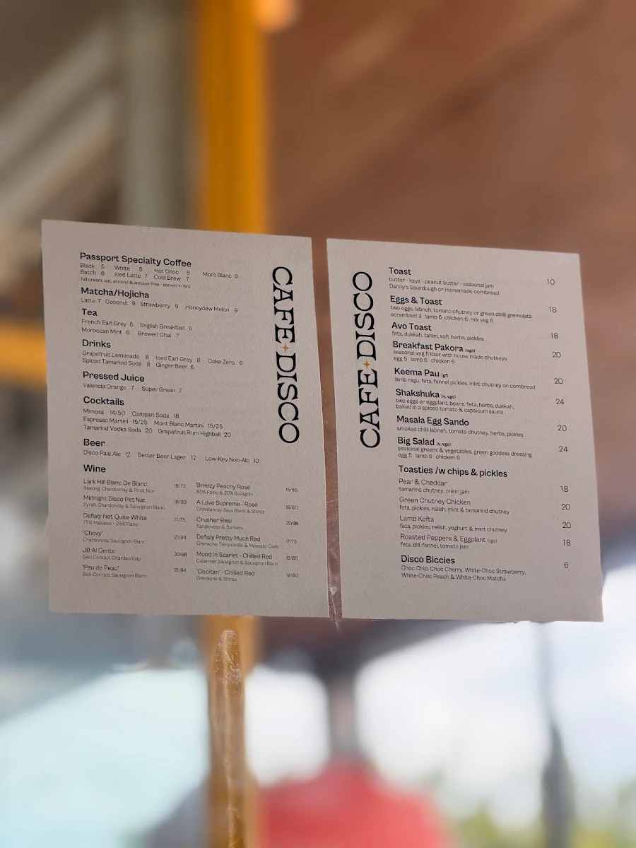 Menu, Cafe Disco