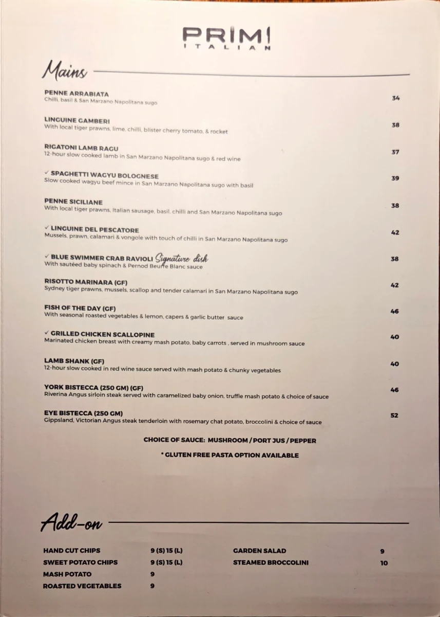 Menu, Primi Italian