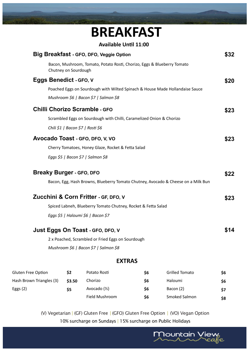 Menu, Mountain View Café