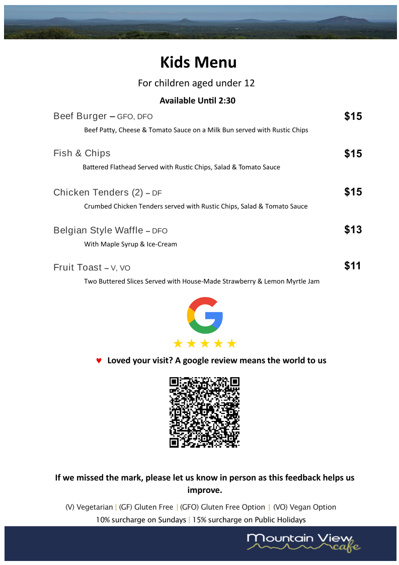 Menu, Mountain View Café