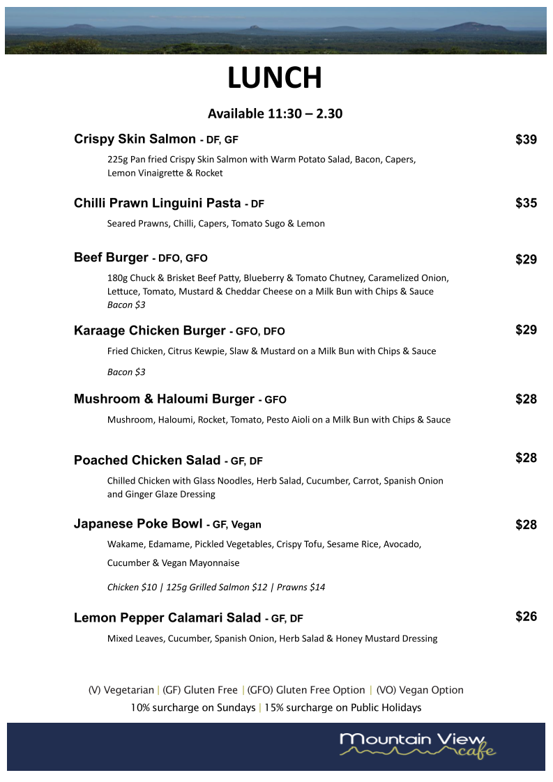 Menu, Mountain View Café