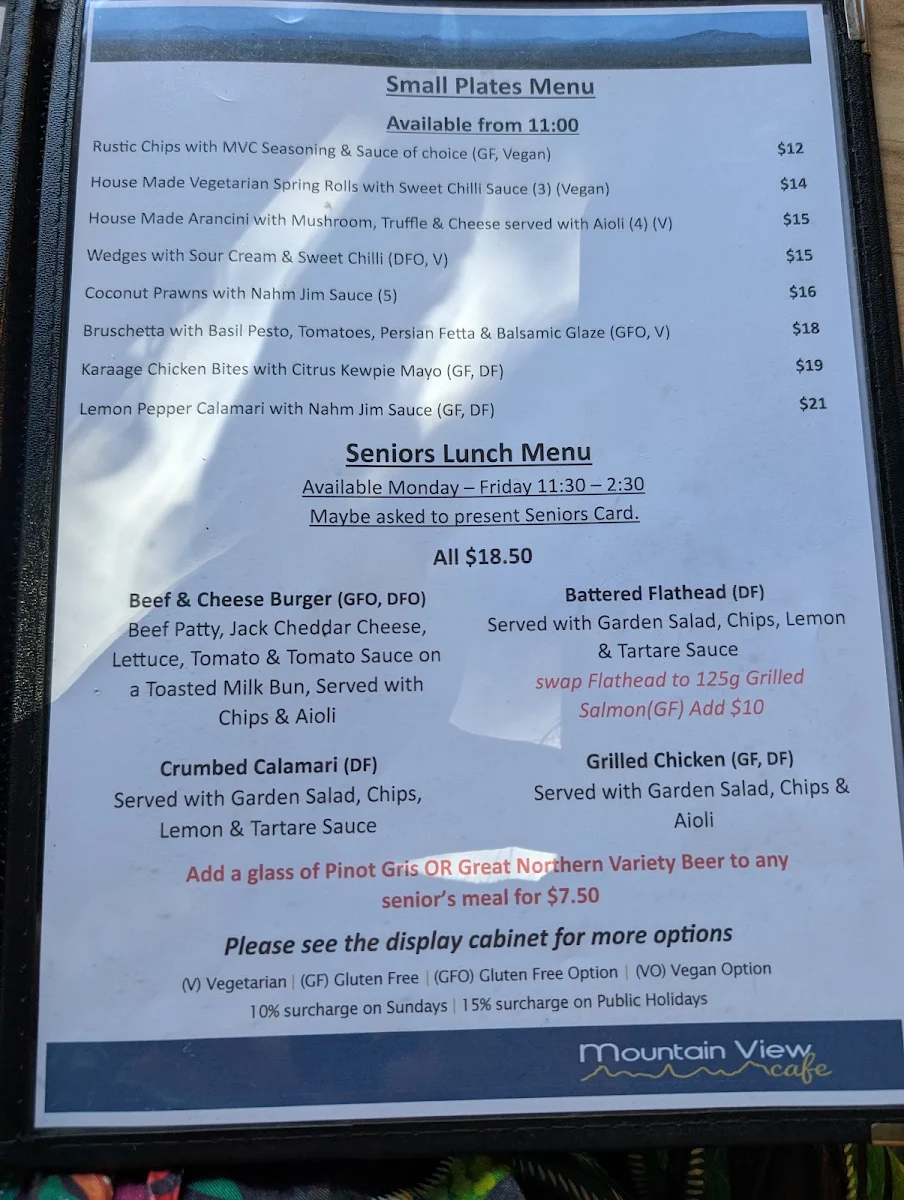 Menu, Mountain View Café