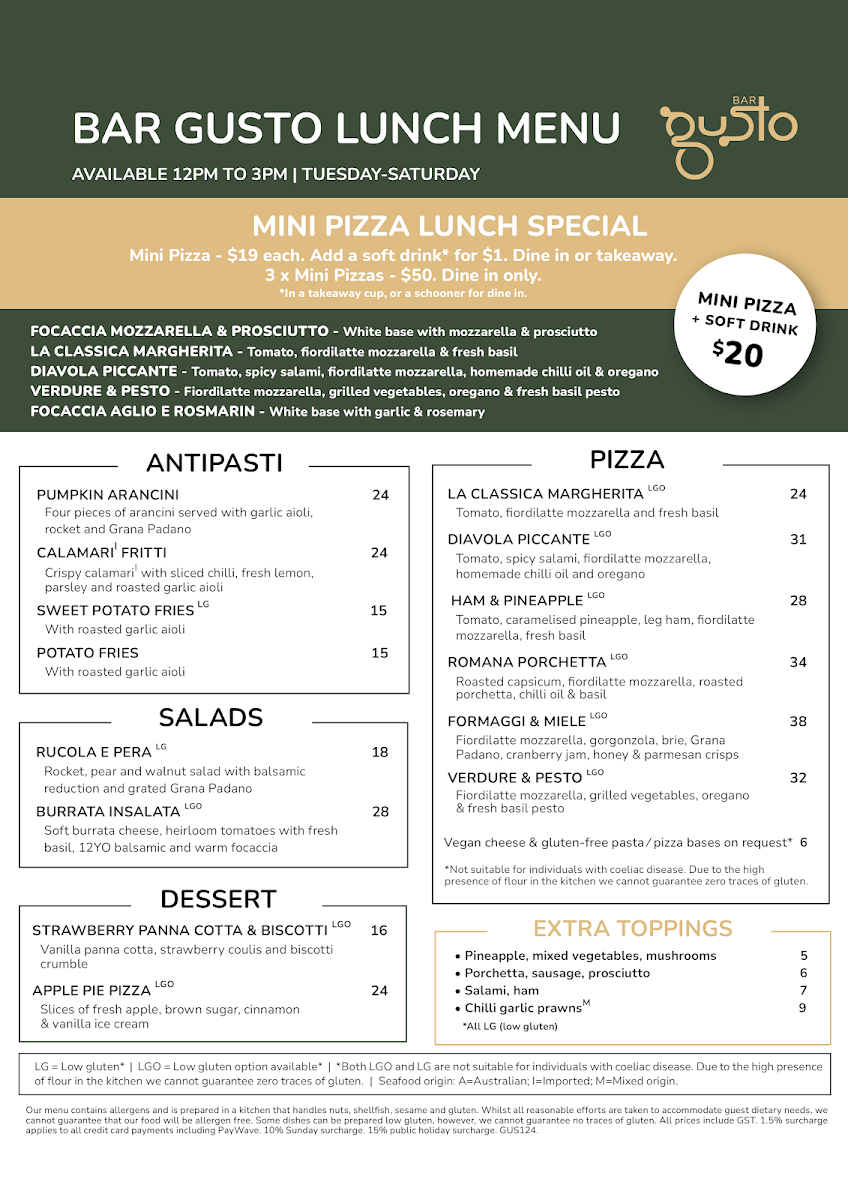 Menu, Bar Gusto