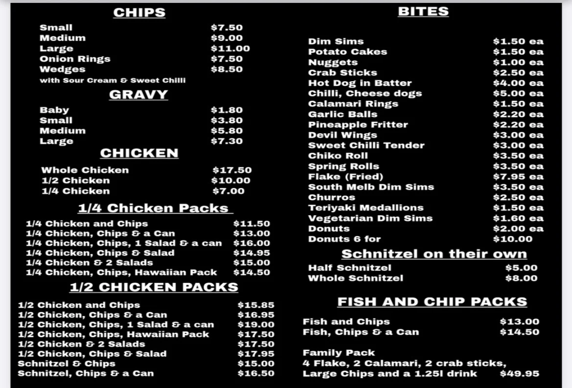 Menu, Koo Wee Rup Roast Chicken and Kebabs